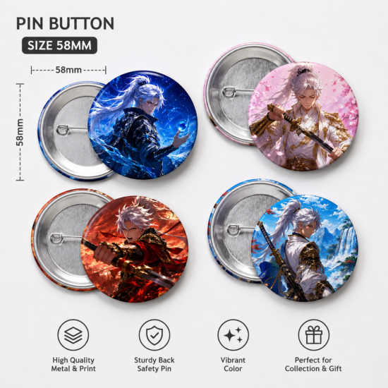 Pin Button Anime Samurai Set 4 PCS 58mm | Badge Pin Karakter Anime Warrior Aesthetic | Pin Bros Anime untuk Tas Jaket Koleksi